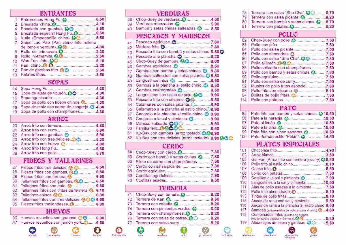 Carta de Restaurante Chino Hong Fu